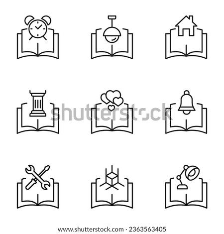 Set of signs for UI, adverts, books drawn in line style. Editable stroke. Icons of alarm clock, lamp, house, column, heart, bell, repair, cube, table lamp
