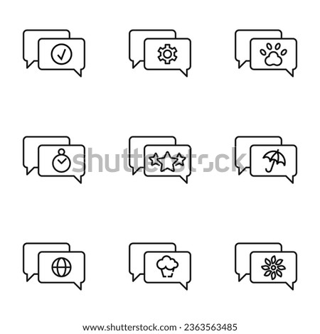 Vector line icon set for web sites, stores, banners, infographic. Signs of gear, paw, checkmark, timer, stars, umbrella, globe, cupcake, flower in speech bubble 