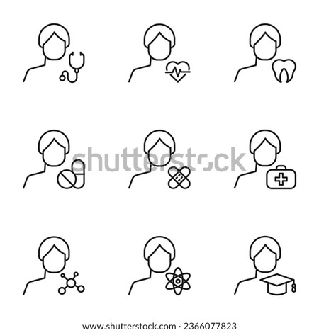 Vector line icon set for web sites, stores, banners, infographic. Signs of stethoscope, pulse, tooth, meds, plaster, suitcase, atom, square hat by male user 