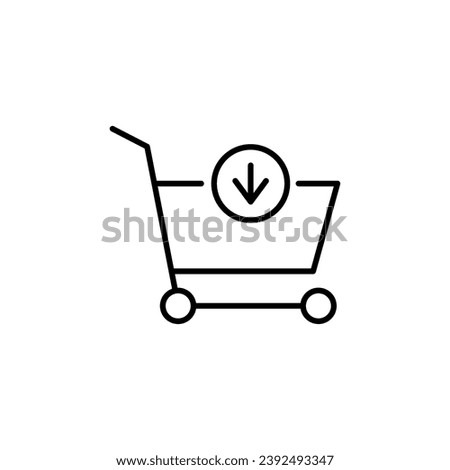 Shopping Cart by Arrow Down Vector Sign. Suitable for books, stores, shops. Editable stroke in minimalistic outline style. Symbol for design 