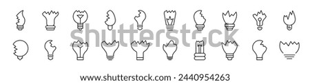 Pack of linear symbols of broken lamps. Editable stroke. Linear symbol for web sites, newspapers, articles book