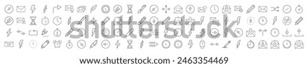 Line Signs of clocks, lighting, arrows, envelops, pens for Advertisement. Suitable for books, stores, shops. Editable stroke in minimalistic outline style. Symbol for design 