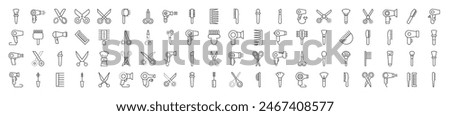 Collection of Icons of Hairbrush, Hairdryer, Cosmetic Brush, Scissors. Suitable for books, stores, shops. Editable stroke in minimalistic outline style. Symbol for design 