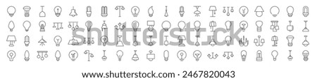 Collection of Signs of Lamps and Lustres. Suitable for books, stores, shops. Editable stroke in minimalistic outline style. Symbol for design 