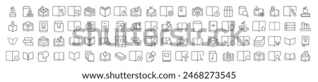 Collection of Icons of Book. Suitable for books, stores, shops. Editable stroke in minimalistic outline style. Symbol for design 