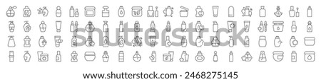 Line Signs of perfume, shower gel, shampoo, cream for Advertisement. Suitable for books, stores, shops. Editable stroke in minimalistic outline style. Symbol for design 