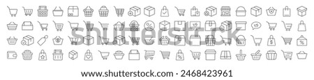 Collection of Icons of Shops, Stores, Shopping Cart and Shopping Basket. Suitable for books, stores, shops. Editable stroke in minimalistic outline style. Symbol for design 