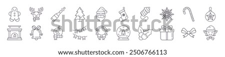 Collection of Line Icons of Christmas and New Year for Adverts. Suitable for books, stores, shops. Editable stroke in minimalistic outline style. Symbol for design