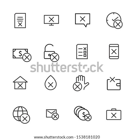 A simple set of reject related vector line icons. Contains icons such as Refuse Money, Cancel Document, Cancel, Rejection, and more. Editable Bar. 48x48 Pixel Perfect.