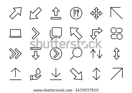 Set of line arrows, directions, arrows, contains icons such as pause, continuation, directly, to the right, Editable stroke. 480x480, On a white background, Vector illustration.