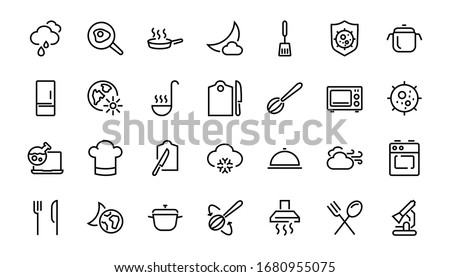  Set of cooking and kitchen icons, Vector lines, contains icons such as frying pan, frying, microwave, fork with spoon, Editable stroke, perfect 480x480 pixels, white background