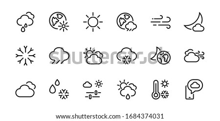 WEATHER set of icons, icons such as weather forecast and clouds, wind, rain, snow, weather settings and sunny weather and much more. Editable stroke, simple vector lines.