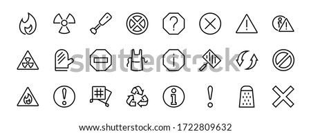 A simple set of WARNINGS, thin vector lines. Contains ICONS such as a warning, exclamation mark, reuse, warning sign, and more. Editable stroke. 48x48 Pixel Perfect. Vector illustration.