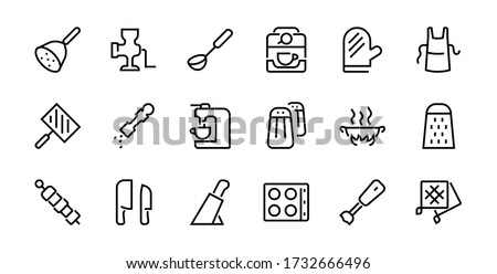 KITCHEN ICON Cooking process, Kitchen tools, Icon set, thin line vector has a blender, oven, knife, grater, barbecue, apron, barbecue, grill, coffee machine, kitchen glove, Editable stroke.