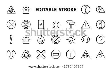 WARNINGS simple set of thin line vector icons. Contains icons such as warning, exclamation mark, reuse, warning sign and more. Editable stroke. Vector illustration.