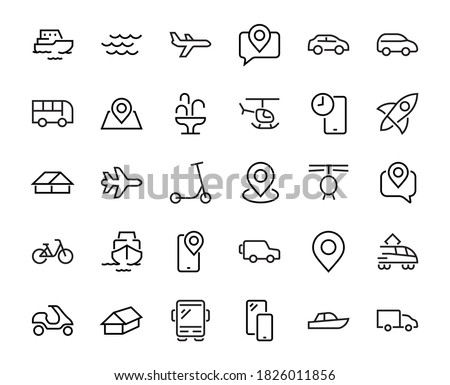 Set of public transport related vector line icons. Contains icons such as bus, bike, suitcase, car, scooter, truck, transport, trolley bus, sailboat, motor boat, plane and much more. Editable stroke