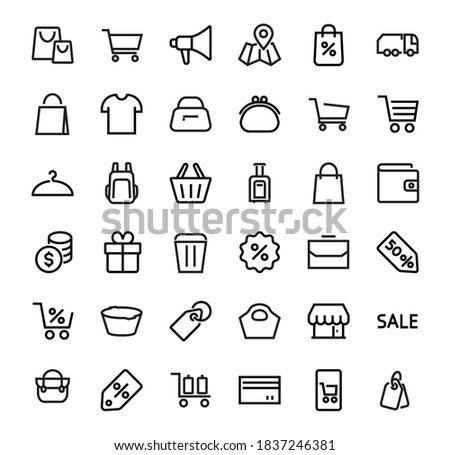 A simple set of bags, shopping and travel icons. Vector illustration Contains icons such as Card, wallet, shopping basket, discount, bowl, package. On a white background, editable stroke.