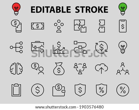  Set of business vector line icons. It contains user symbols, dollar pictograms, gears, briefcase, puzzles,
 envelope, percentage, messages, schedule, and more. Editable Bar. 460x460 pixels