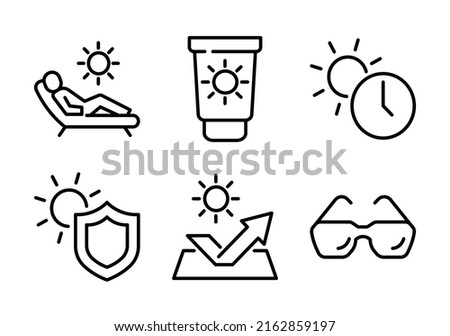 Set of Sun Protection Related Vector Line Icons. Contains such Icons as Sunscreen, Sunglasses, UV rays exposure time and more. Editable Stroke. Perfect Icon