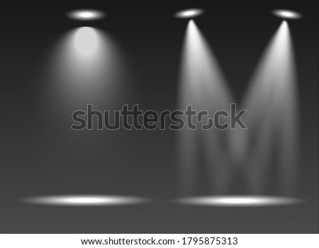 A collection of stage lighting on dark background. Dual set Bright lighting with spotlights. Spot lighting the scene. Light effect.