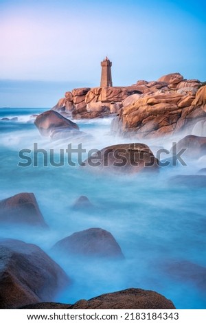Ploumanac'h Lighthouse in Brittany, French Atlantic coast, France Long Exposure Sunset Foto stock © 