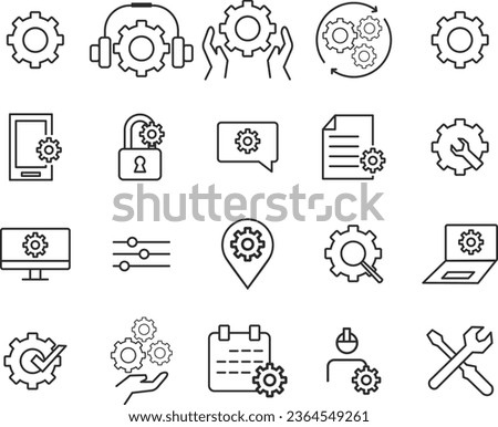 Vector set of setup line icons. Contains icons settings, installation, maintenance, update, download, configuration, options, restore settings and more.