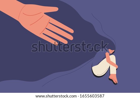human hand helps sad young girl in depression lying hugging knees with flying hair, sorrow, mental health concept, cartoon female character flat vector illustration Stock fotó © 