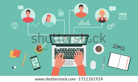 people connecting and working online together on laptop computer, remote working, work from home and work from anywhere concept, flat vector illustration