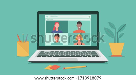 people connecting together, learning or meeting online with teleconference, video conference remote working on laptop, work from home and work from anywhere concept, flat vector illustration