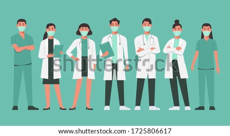character of doctors and nurses wearing a surgical face mask and standing together to fight COVID-19, male and female medical characters set cartoon flat vector illustration