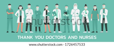 thank you, doctors and nurses concept. medical staff wearing protective suit, goggle, face shield, surgical face mask and n95 respirator standing together to fight COVID-19, flat vector illustration