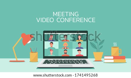 people connecting together, learning or meeting online with teleconference, video conference remote working on laptop computer, work from home, new normal concept, flat vector illustration