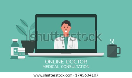 online healthcare and medical consultation and support services concept, doctor teleconferencing with stethoscope on computer laptop screen, conference video call, new normal, flat vector illustration
