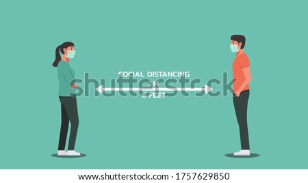 young couple wear face mask standing and looking at each other maintain social distancing, keep distance, character flat vector illustration ストックフォト © 