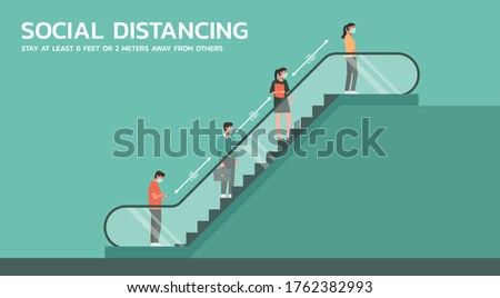 people using escalator and maintain social distancing to prevent virus spreading and transmission, man and woman keep distance from other, new normal concept, flat vector illustration