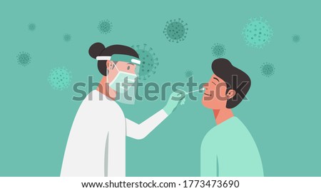 medical professional, doctor, or nurse doing Covid-19 or Coronavirus test or DNA test to a young man with nasal swab probe, cartoon character flat vector illustration Foto stock © 