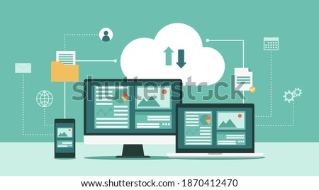 Cloud computing technology network with computer monitor, laptop, and mobile phone, Online devices upload, download information, data in database on cloud services, flat vector illustration