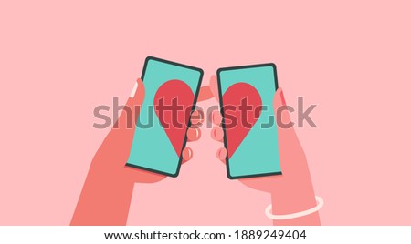 online dating and long distance relationship concept, human hands holding mobile phone with heart on screen app virtual love, flat vector illustration