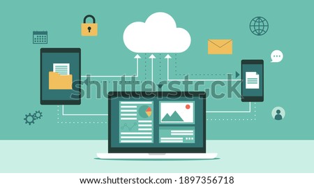 Cloud computing technology network with laptop, tablet and smartphone, Online devices upload information and data in database with business icon, flat vector illustration