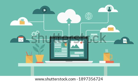 Cloud computing technology network with laptop on table, Online devices upload, download information, data in database on cloud services, flat vector illustration