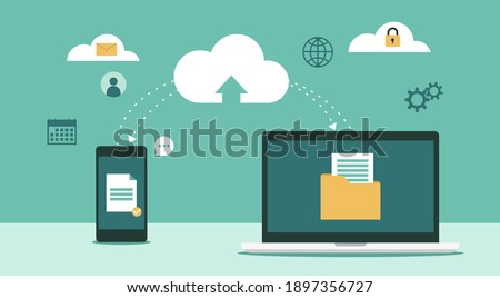 Cloud computing technology network with laptop and smartphone sharing information and data in database with business icon, flat vector illustration