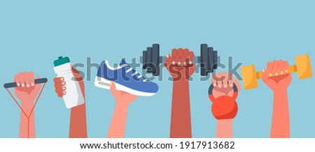 Sport exercise web banner concept, human hands holding training equipment such as dumbbells, kettlebell and resistance band, time to fitness workout and healthy lifestyle, flat vector illustration