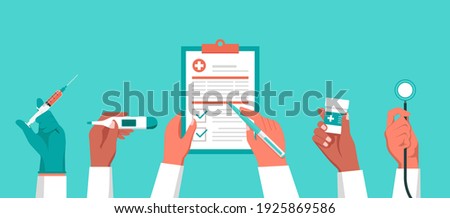 Doctor hands holding medical equipment working together and writing prescription to heal patient with syringe, thermometer, pill bottle, and stethoscope, flat vector illustration