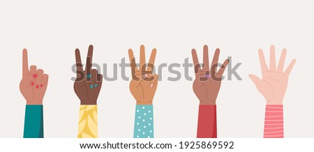 Set of female hands of different nationalities counting number one to five, flat vector illustration
