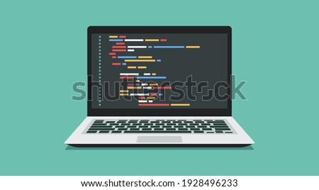 computer software with programming coding text application window on laptop screen, flat vector illustration