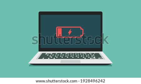 Laptop computer with low battery sign on screen, flat vector illustration