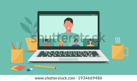 people connecting together, learning and meeting online via teleconference or video conference remote working on laptop computer, work from home and anywhere, flat vector illustration