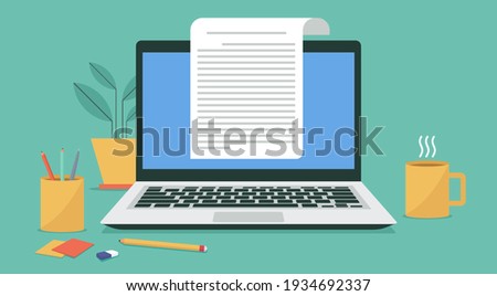 paper sheet and electronic text file writer, copywriter writing letter or journal via laptop computer, flat vector illustration