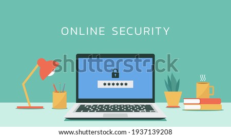 online security on laptop computer with padlock and password or verification code notification concept, flat design vector illustration