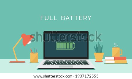 Laptop computer with full battery icon on screen concept, flat design vector illustration